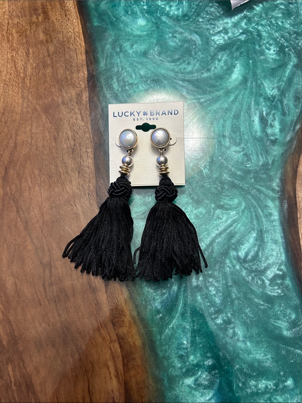 Lucky Brand tassel earrings featuring faux pearls and black thread. 4”